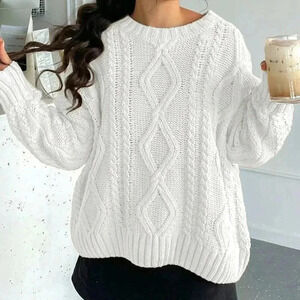White Casual Women's Deep Round Neck Cable Knit Loose Pullover Sweater